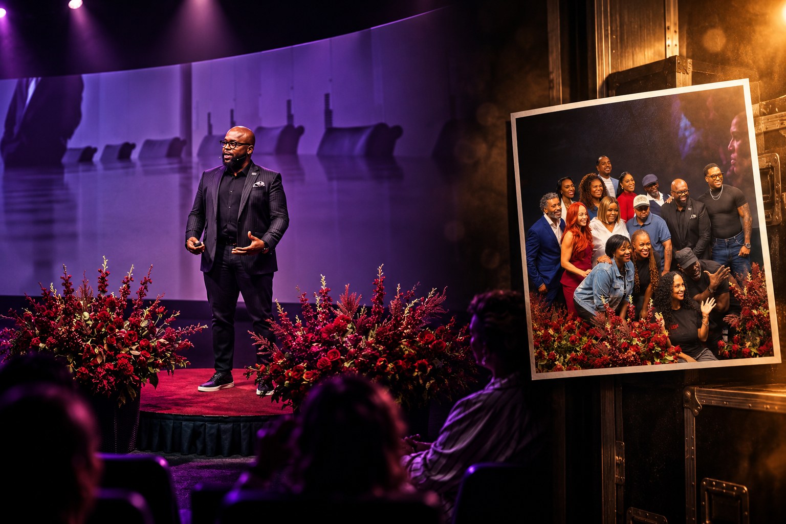 Oscar L. Frazier on the round TEDx stage between flower arrangements
