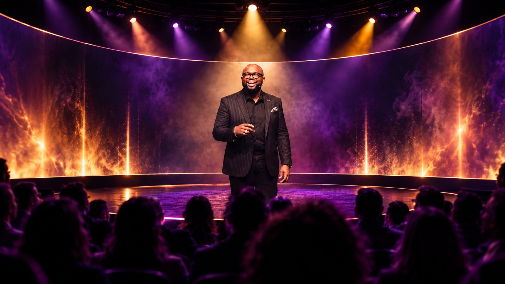 Oscar L. Frazier speaking on a curved stage to a full audience