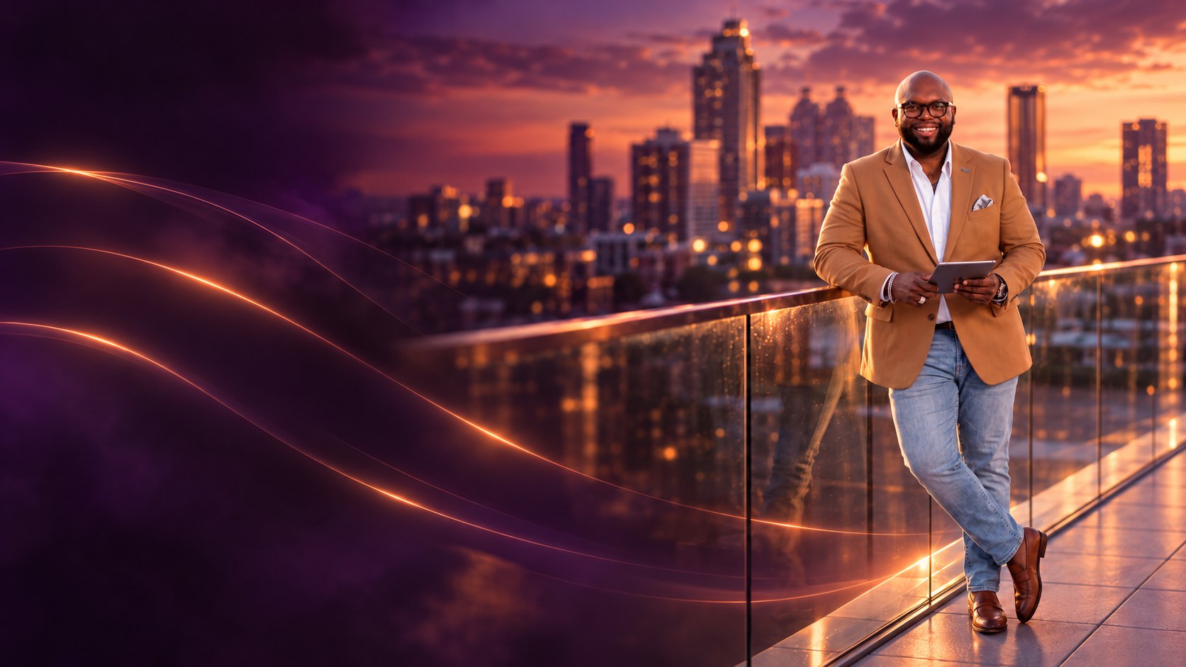 Oscar L. Frazier on a rooftop at dusk above the city
