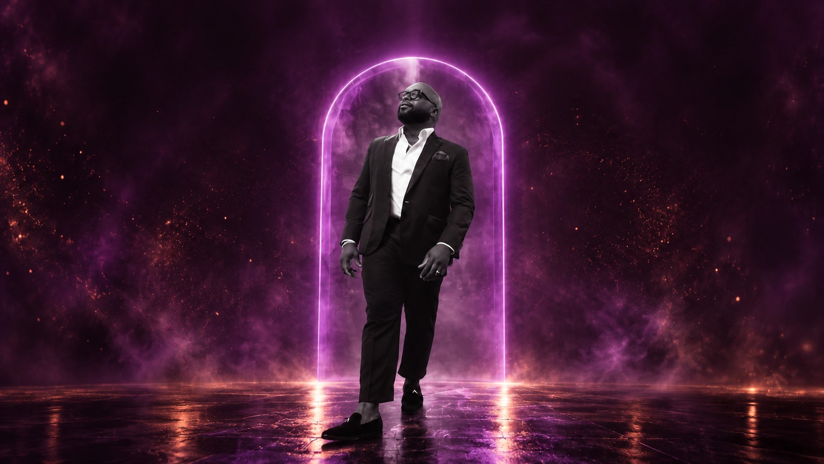 Oscar L. Frazier in black and white inside a glowing violet arch